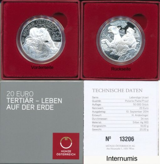 20 Euro 2014, Tertiär - Leben auf der Erde, (KM.3234 / ANK.29) Erh. PP/Etui + Zertifikat+Schutzkarton