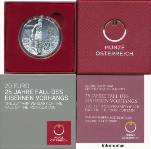 20 Euro 2014, **25 Jahre Fall des Eisernen Vorhang**, (AMK. 29) Erh. PP, im Etui mit nummeriertem Zertifikat und Schuber,