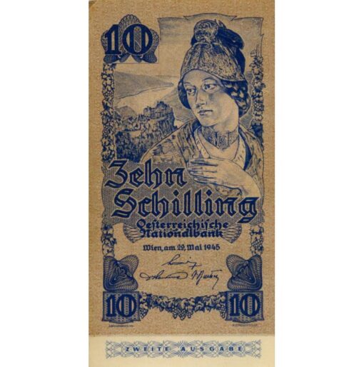 Österr.Nationalbank - 10 Schilling 1945 , 2. Ausgabe , Serie links breit , (KK. 225a / P.116) Erh. III