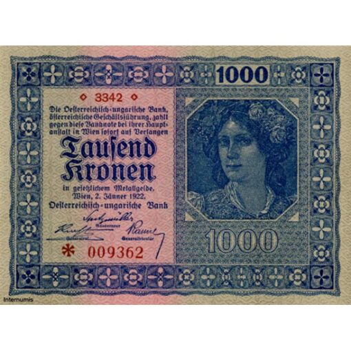 Österr.- Ungarische Bank - 1000 Kronen 1922, Vs.Frauenkopf, Rs.Ornamente, Serie über 3000, ohne Wasserzeichen, (KK.170d/ANK 204/P.78a) Erh. I-