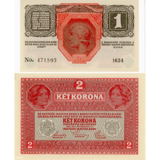 Österreichisch-ungarische Bank - 1 u.2 Kronen 1916,1917 (1919),mit grünen DEUTSCHÖSTERREICH Sempel, 2 Banknoten, (KK.133/KK 134) Erh. I - Image 2