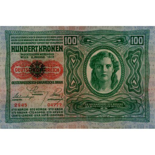 Österreichisch-ungarische Bank - 100 Kronen 1912 ,mit roten DEUTSCHÖSTERREICH - Aufdruck, Papier dick, (KK.144a / P.56a) Erh. I