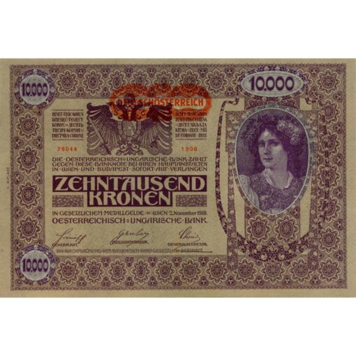 10.000 Kronen 1918 , Aufdruck : Deutsch Österreich links von der Krone, II. Auflage , (KK.150b / ANK 184 / P.66) Erh. III+