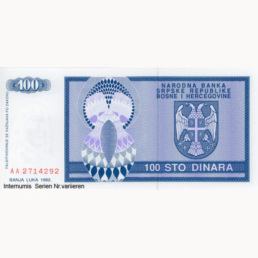 Bosnien-Herzegovina - 100 Dinara 1992,Banja Luka, (P.135a) Erh. UNC