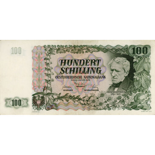 Österr.Nationalbank - 100 Schilling 1954, Vs.Wertzahl hell schraffiert, Vs.F.Grillparzer, Rs.Dürnstein, (KK.241a/P.133) Erh. III