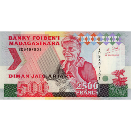 Madagascar  - 2500 Francs  = 500 Ariary ND(1993), (P.72Ab) Erh. UNC