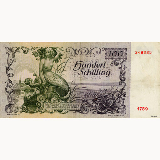 Österr.Nationalbank - 100 Schilling 1949, 2. Auflage, KN.6 stellig, Rs.Donaunixe, (KK.234b / ANK 264b / P.132) Erh. III- – Bild 2