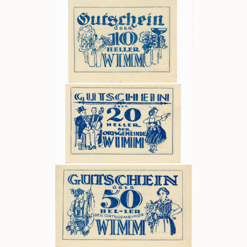 Wimm (OÖ) - 10,20,50 Heller o.D., (-1921), 1.Aufl., 300 Stk., P.weiß, Dr.Bs.blau, (KKN.S1237)I)a) Erh. I