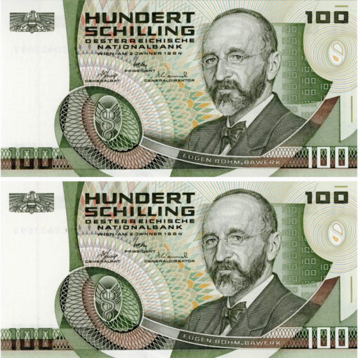 Österr.Nationalbank - 2 x 100 Schilling  2.1.1984 , KN.CB69268V u.CB69269V, Vs. Eugen Böhm von Bawerk , Rs.Akademie der Wissenschaften, (KK.256c / Ank 287 / P.151) Erh. I