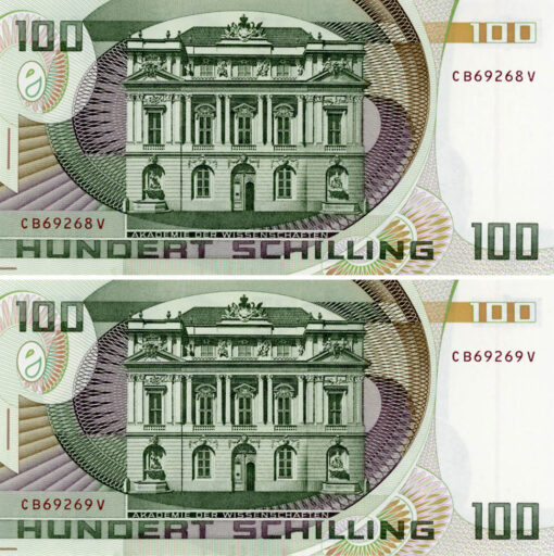 Österr.Nationalbank - 2 x 100 Schilling  2.1.1984 , KN.CB69268V u.CB69269V, Vs. Eugen Böhm von Bawerk , Rs.Akademie der Wissenschaften, (KK.256c / Ank 287 / P.151) Erh. I – Bild 2