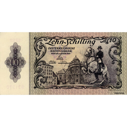 Österr.Nationalbank - 10 Schilling 1950, 2. Auflage, Vs.Reiter der spanischen Hofreitschule vor der Hofburg, Rs.Schloss Belvedere, (KK.236/ANK 266/P.128) Erh. III