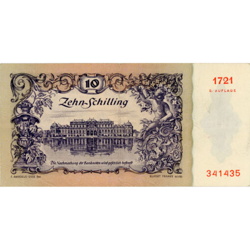 Österr.Nationalbank - 10 Schilling 1950, 2. Auflage, Vs.Reiter der spanischen Hofreitschule vor der Hofburg, Rs.Schloss Belvedere, (KK.236/ANK 266/P.128) Erh. III - Image 2