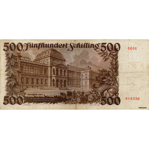 Österr.Nationalbank - 500 Schilling 1953, Vs.Prof.Wagner-Jauregg, Rs.Univerität Wien, (KK.240/ANK 270) Erh. IV - Image 2