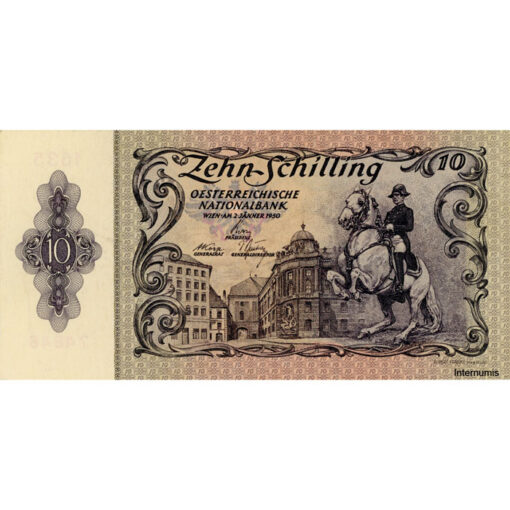 Österr.Nationalbank - 10 Schilling 1950, Vs.Reiter der spanischen Hofreitschule vor der Hofburg, Rs.Schloss Belvedere, (KK.235/ANK 266/P.127) Erh. III+