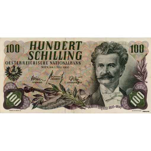 Österr.Nationalbank - 100 Schilling 1960, Vs.J.Strauß, Rs.Schloss Schönbrunn, Vs.Abstand eng, Unterschrift in der Mitte zeigt auf Blattspitze, (KK.244a/ANK274a/P.138a1) Erh. III