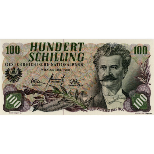 Österr.Nationalbank - 100 Schilling 1960, Vs.J.Strauß, Rs.Schloss Schönbrunn, Vs.Abstand weit, Unterschrift geht unter Blattspitze, (KK.244b/ANK274b/P.138a2) Erh. II+