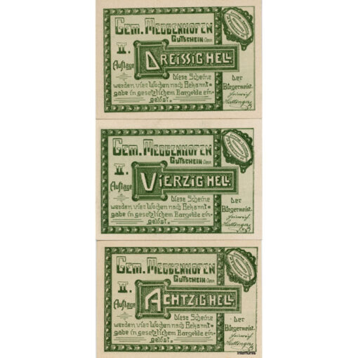 Meggenhofen(OÖ) - 30,40,80 Heller o.D., Kreidepapier, Vs.II.Aufl., Dr.grün, Rs.Zweite Aufl., Dr.grün, (KKN.603)IIc) Erh. I