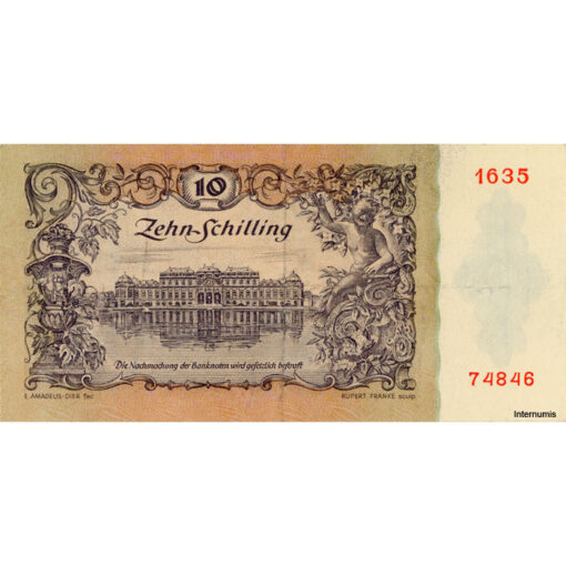 Österr.Nationalbank - 10 Schilling 1950, Vs.Reiter der spanischen Hofreitschule vor der Hofburg, Rs.Schloss Belvedere, (KK.235/ANK 266/P.127) Erh. III+ – Bild 2