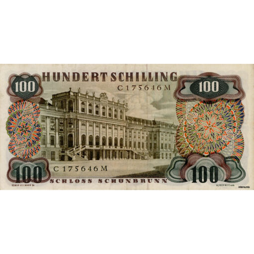 Österr.Nationalbank - 100 Schilling 1960, Vs.J.Strauß, Rs.Schloss Schönbrunn, Vs.Abstand eng, Unterschrift in der Mitte zeigt auf Blattspitze, (KK.244a/ANK274a/P.138a1) Erh. III - Image 2