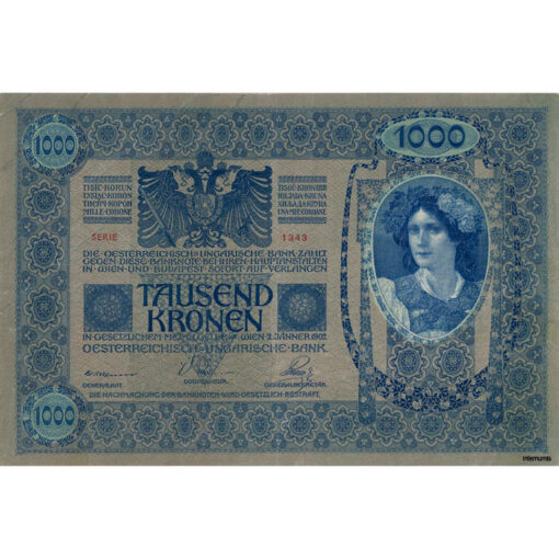 Österreichisch-ungarische Bank - 1000 Kronen 1902 , Unterdruck grau-grün, Frauenkopf (Frau des Malers Lefler), (KK.115a/AMK154) Erh. II