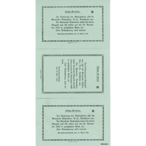 Rabenstein(NÖ) - 20,30,50 Heller 1920, Kreidepapier hellblau, Vs.Druck bräunlich gelb, Rs.Druck schwarz, Bst.M, Aufl. 200 Serien, (KKN.S808)XI)f) Erh. I – Bild 2