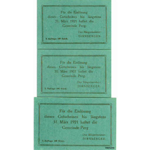 Obervormarkt(OÖ) - 10,20,50 Heller (-31.12.1921),P.grün, Dr.Bs.schwarz, 2.Auflage, 100 Stück, (KKN.S696)II)d) Erh. I