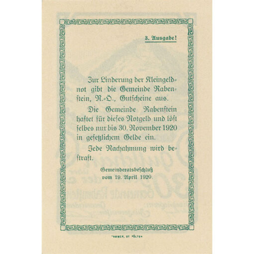 Rabenstein(NÖ) - 30 Heller 1920, P.weiß, 3. Ausgabe !, Rs.Zierleiste Var. 1, (KKN.808)III)a) Erh. I - Image 2