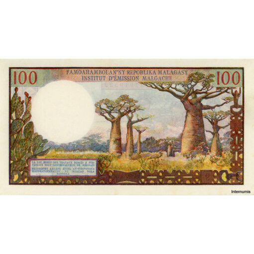 Madagascar  - 100 Francs  = 20 Ariary ND(1966), (P.57a/1) Erh. AU – Bild 2