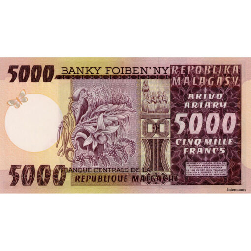 Madagascar  - 5000 Francs  = 1000 Ariary ND(1974 - 1975), (P.66) Erh. UNC – Bild 2