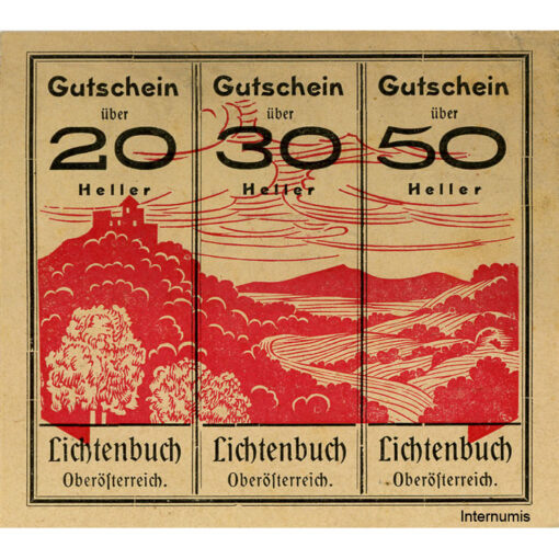 Lichtenbuch(OÖ) - 20,30,50 Heller o.D., (-30.9.1920) , Kuponform, P.gelblich, 2. Aufl., Aufl.3000 St., Gmst. violett, 20h uur, 30h nnr, min.fleckig, (KKN.S519)IIb) Erh. I- - Image 2