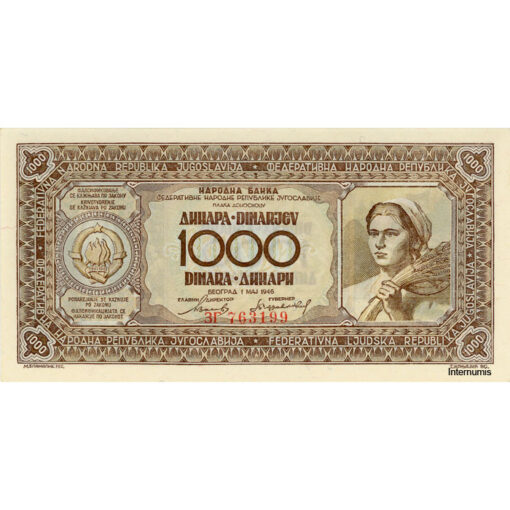 Jugoslawien - 1000 Dinara 1.5.1946, (P.67a) Erh. Au