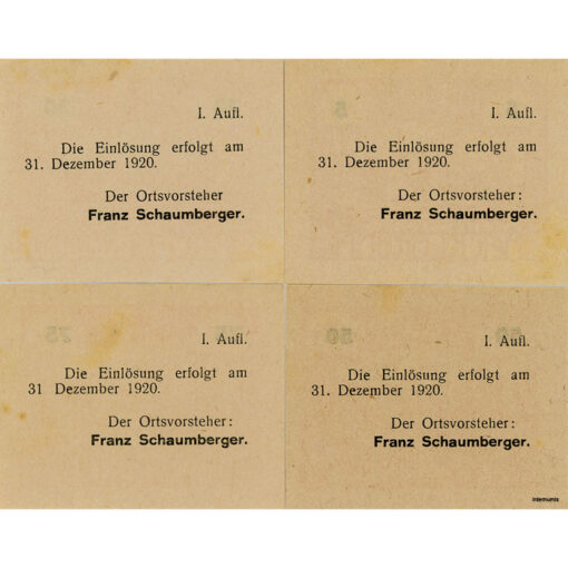 Hacklbrunn(OÖ) - 5,30,50,75 Heller o.D.(- 31.12.1920), I. Auflage, Dr. Vs.schwarz, Bs.rot, min. Stockflecken, (KKN.S323)I)c) Erh. I/I-