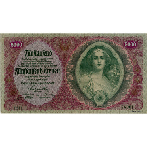 Österr.- Ungarische Bank - 5000 Kronen 1922, Vs. Frauenbild( Mutter d. Malers Schramm), Rs.Ornamente, (KK.171 / ANK 205 / P.79) Erh. III+