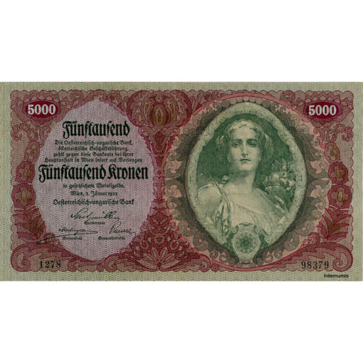 Österr.- Ungarische Bank - 5000 Kronen 1922, Vs. Frauenbild( Mutter d. Malers Schramm), Rs.Ornamente, (KK.171 / ANK 205 / P.79) Erh. II+