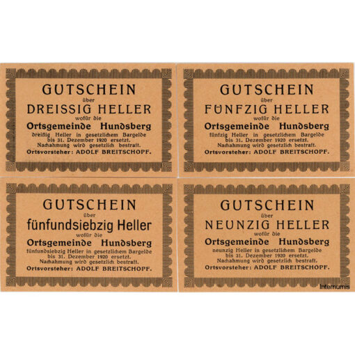 Hundsberg(OÖ) - 30,50,75,90 Heller o.D.(bis 31.12.1920), Papier orange, lose, Druck einseitig, (KKN.S402)I)e) Erh. I