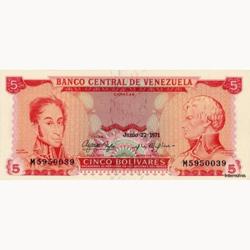 Venezuela - 5 Bolivares 22.6.1971, (P.50e) Erh. XF+