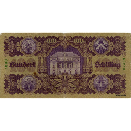 Österr.Nationalbank - 100 Schilling 1927, Aufdruck dunkelviolett, Vs.Frauenkopf mit Stern, Rs.Akademie der Wissenschaft, (KK.185b / AMK 217b / P.97) Erh. IV – Bild 2