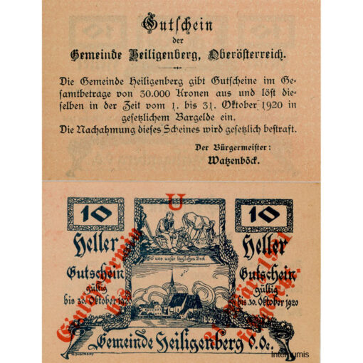 Heiligenberg(OÖ) - 10 Heller o.D., Vs.Zierleiste in der Mitte 3 Verzierungen ,Rs.mit Überdruck Einlösetermin und Bst.U, (KKN.S361)III)U) Erh. I