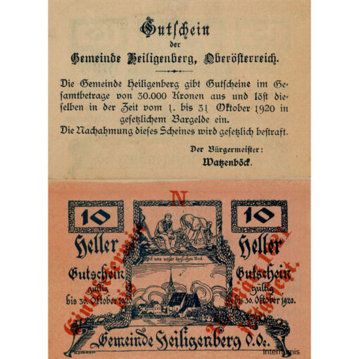 Heiligenberg(OÖ) - 10 Heller o.D., Vs.Zierleiste in der Mitte 3 Verzierungen ,Rs.stark dunkel rosa eingefärbt mit  Einlösetermin und Bst.N, (KKN.S361)III)N) Erh. I