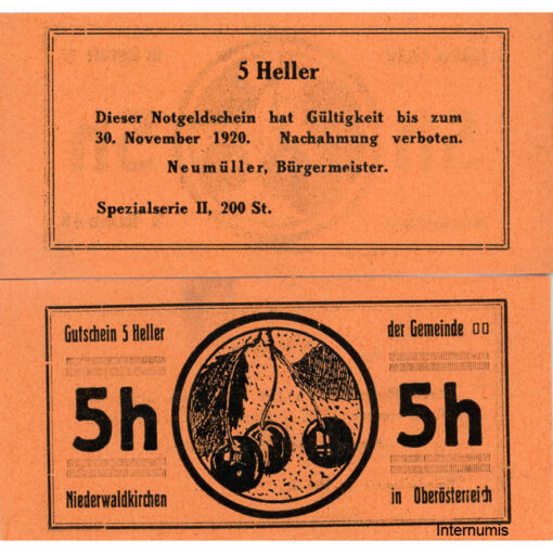 Niederwaldkirchen (OÖ) - 5 Heller o.D., P.orange, Bild Kirsche, Spezialserie II, 200 Stück, (KKN.S673)VI)p) Erh. I