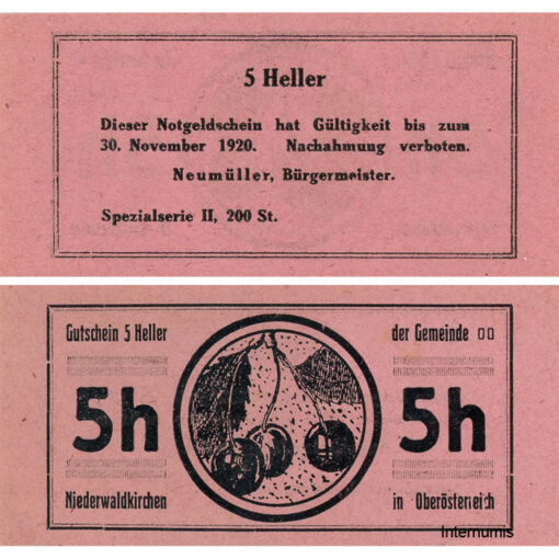 Niederwaldkirchen (OÖ) - 5 Heller o.D., P.altrosa, Bild Kirsche, Spezialserie II, 200 Stück, (KKN.S673)VI)q) Erh. I