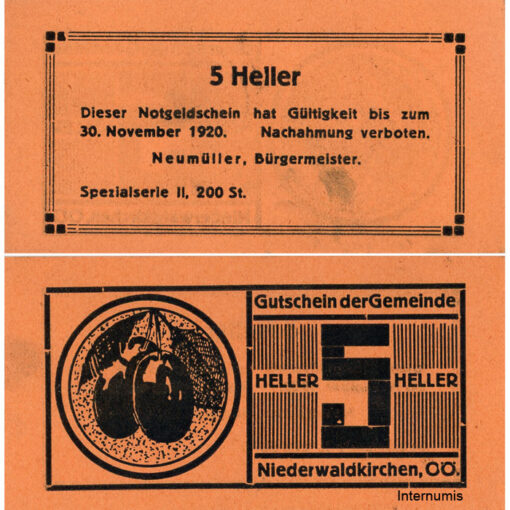 Niederwaldkirchen (OÖ) - 5 Heller o.D., P.orange, Bild Zwetschge, Spezialserie II, 200 Stück, (KKN.S673)VI)v) Erh. I/I-