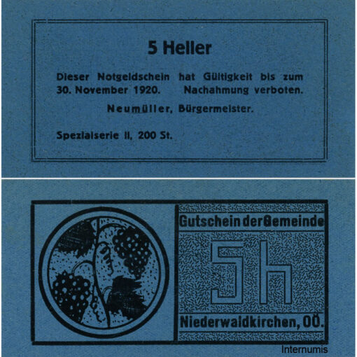 Niederwaldkirchen (OÖ) - 5 Heller o.D., P.blau, Bild Traube, Spezialserie II, 200 Stück, (KKN.S673)VI)y) Erh. I