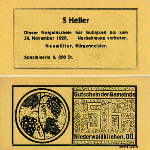 Niederwaldkirchen (OÖ) - 5 Heller o.D., P.gelb, Bild Traube, Spezialserie II, 200 Stück, (KKN.S673)VI)z) Erh. I-