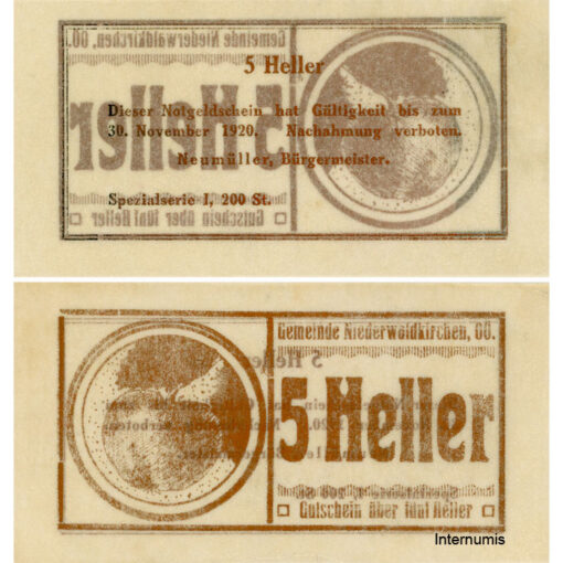 Niederwaldkirchen (OÖ) - 5 Heller o.D., Pergamentpapier, Dr.bds.kupfer, Bild Apfel, Spezialserie I, 200 Stück, (KKN.S673)V)d) Erh. I-