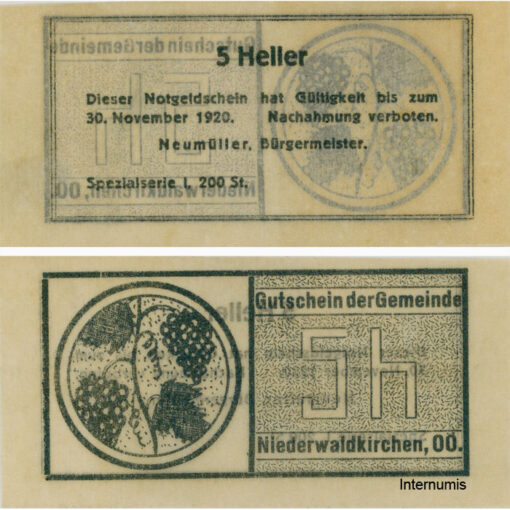 Niederwaldkirchen (OÖ) - 5 Heller o.D., Pergamentpapier, Dr.bds.blaubronze, Bild Traube, Spezialserie I, 200 Stück, (KKN.S673)V)y) Erh. I