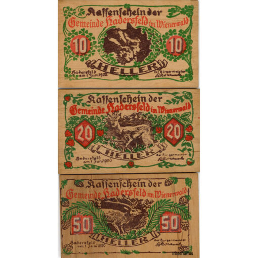 Hadersfeld(NÖ) 10,20,50 Heller 1.6.1920 auf Sperrholzplatten, 2. Auflage, (KKN.327)II)a) Erh. I-