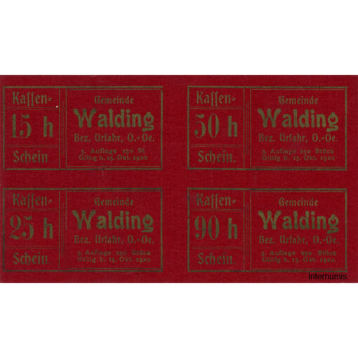 Walding(OÖ) 15,25,50,90 Heller (-15.10.1920), im 4 er Block, Lackpapier rot, Druck gold, 3. Aufl., 250 Stk., Gmst.Typ 1, (KKN.S1132)II)c) Erh. I/I-