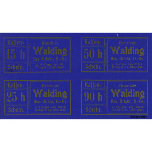 Walding(OÖ) 15,25,50,90 Heller (-15.10.1920), im 4 er Block, Lackpapier blau, Druck gold, 3. Aufl., 250 Stk., Gmst., 3mm Seiteneinriß, (KKN.S1132)II)a) Erh. I/I- - Image 2