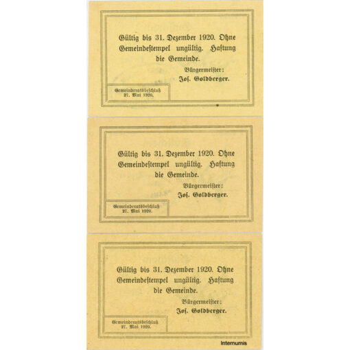 Prambachkirchen(OÖ) - 10,20,50 Heller 27.5.1920 - 31.12.1920 ,Papier gelb, 4. Auflage 400 Serien, (KKN.779)VI)b) Erh. I